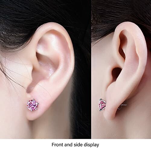 Front and side display of pink stud earrings on ears.